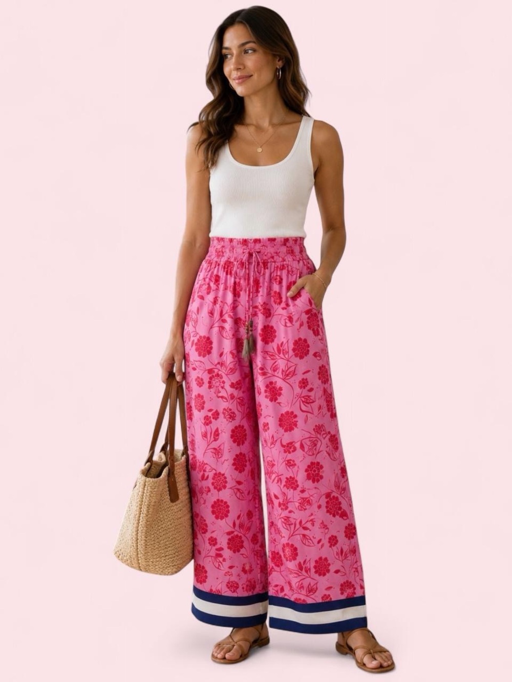 THML Pink Floral Wide Leg Pull on Pants with Navy Stripe Hem